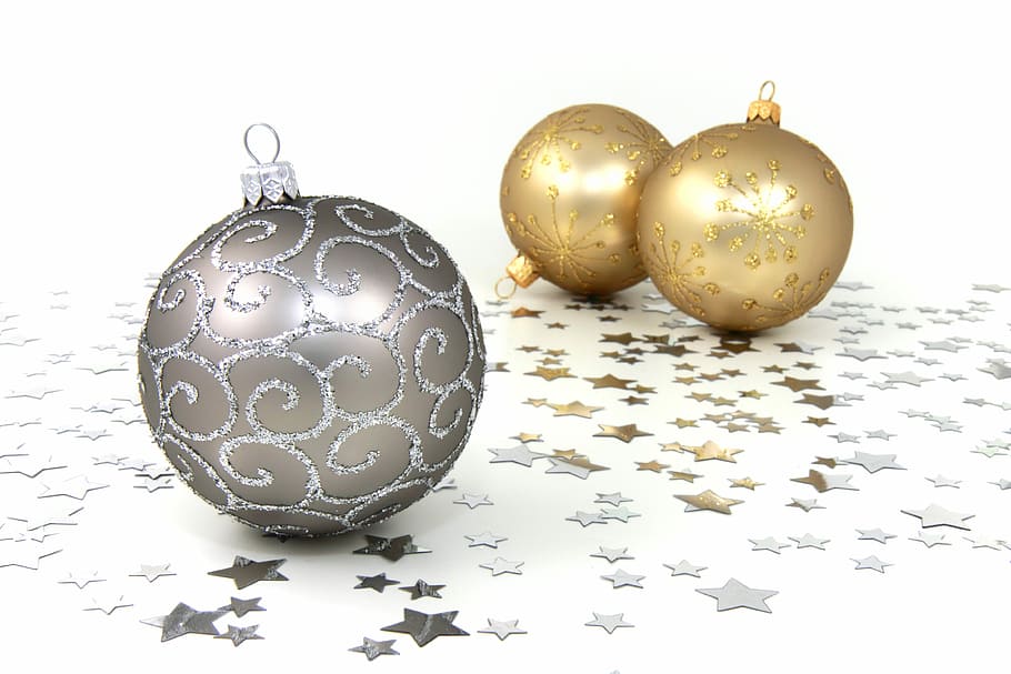 grey, glitter bauble, two, yellow, glitter baubles, white, star print surface, glitter, bauble, baubles