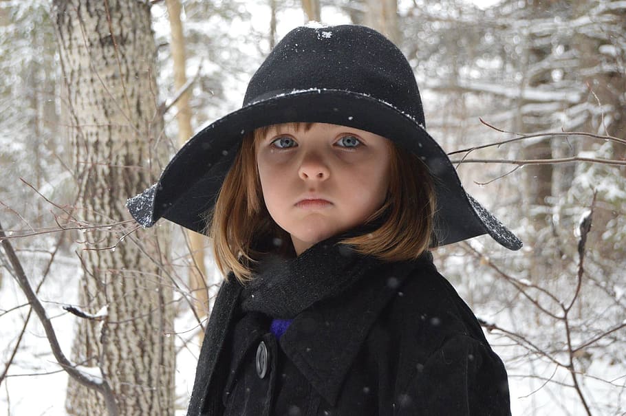 girl, wearing, black, cap, snowfield forest, Children, Granddaughter, Grandchildren, child, female