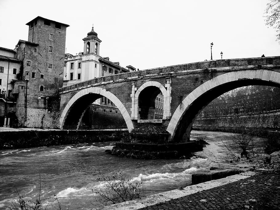 Bridge, Ancient Rome, Tiber, Italy, rome, black And White, bridge - Man Made Structure, history, old, river