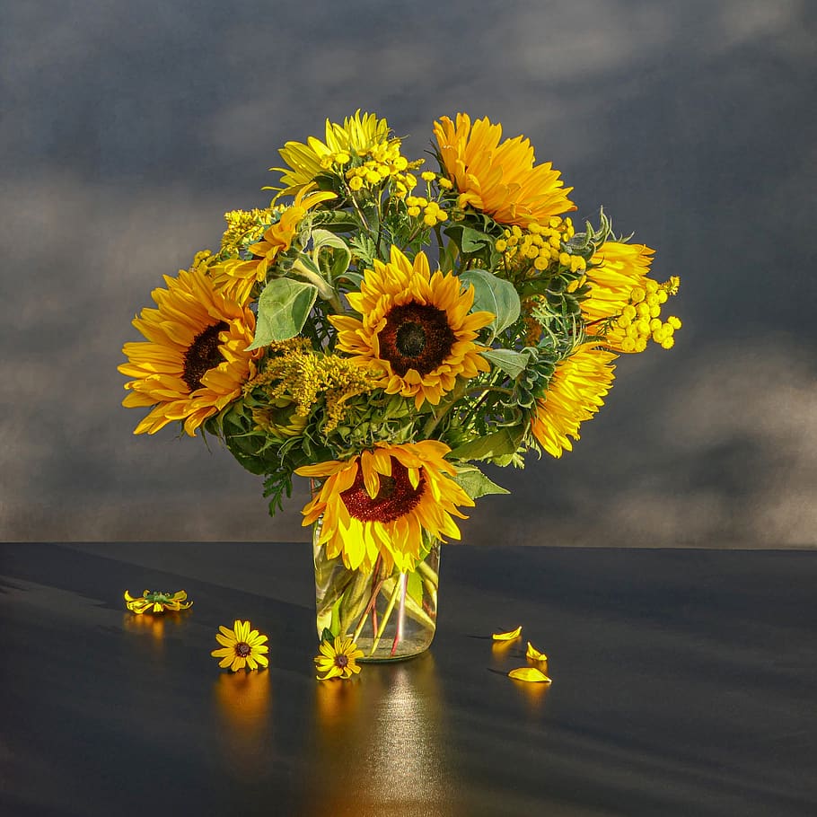 flower arrangement, still life, sunflower, tansy, golden rod, bouquet, bright, shadow play, summer, autumn