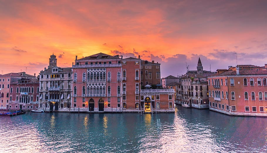red, gray, concrete, buildings, sunset, venice, italy, grand canal, architecture, nature