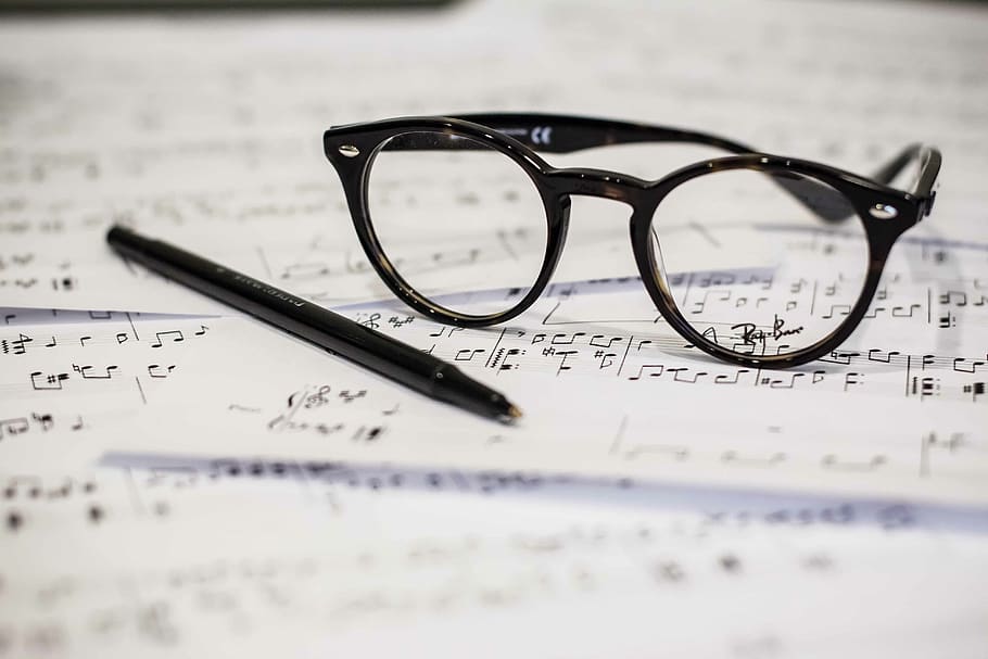 eyeglasses, pen, music, notes, audio, paper, creative, art, glasses, eyesight