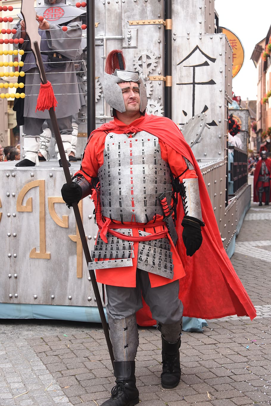 knight, lance, armor, cape, red, armed, metal, medieval, warrior, real people