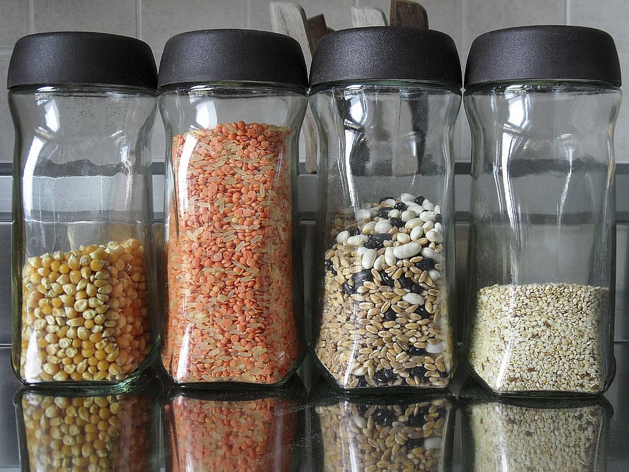 three, glass jars, candies, rice, lentils, popcorn, vase, food, eat, spelt