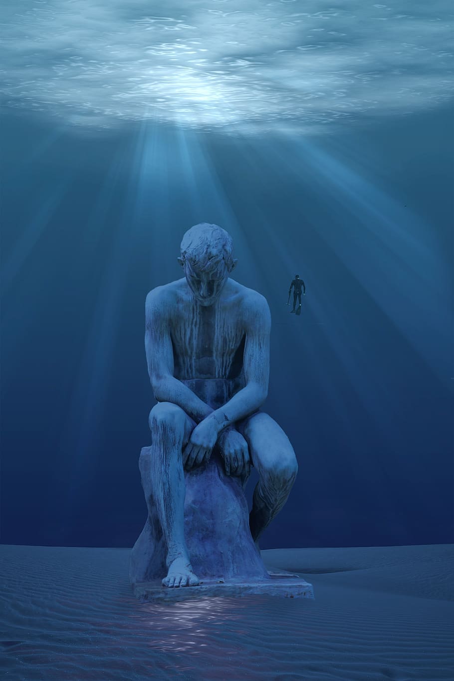 bajo el agua, fantasía, solitario, olvidado, buzo, estatua, aguas profundas, mar, océano, fondo del océano