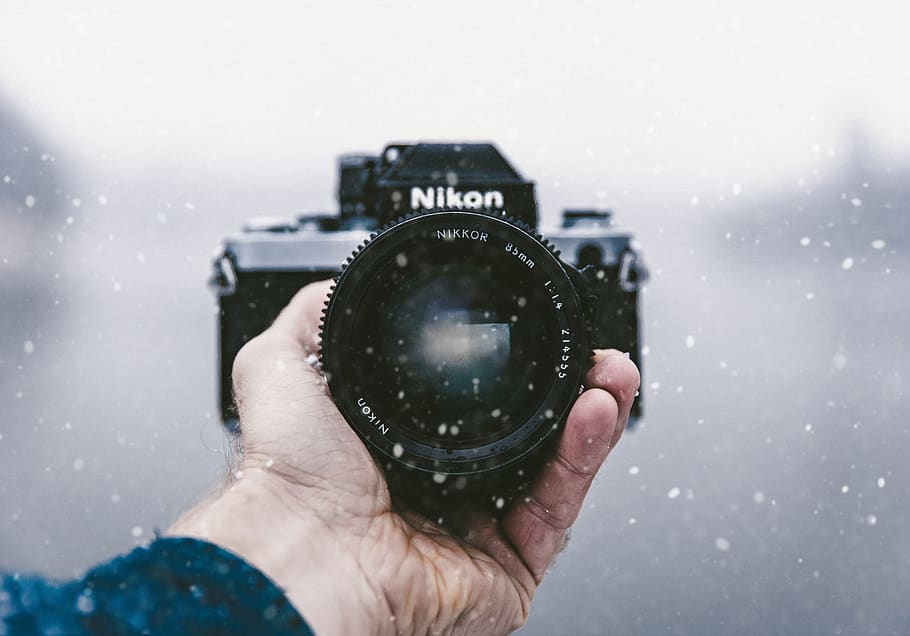 câmera, nikon, lente, preto, fotografia, neve, inverno, frio, desfoque, mão
