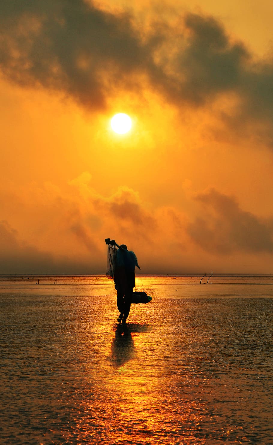 fishermen, walking, beach shore, golden, hour, Person, Ocean, People, Lifestyle, Sea