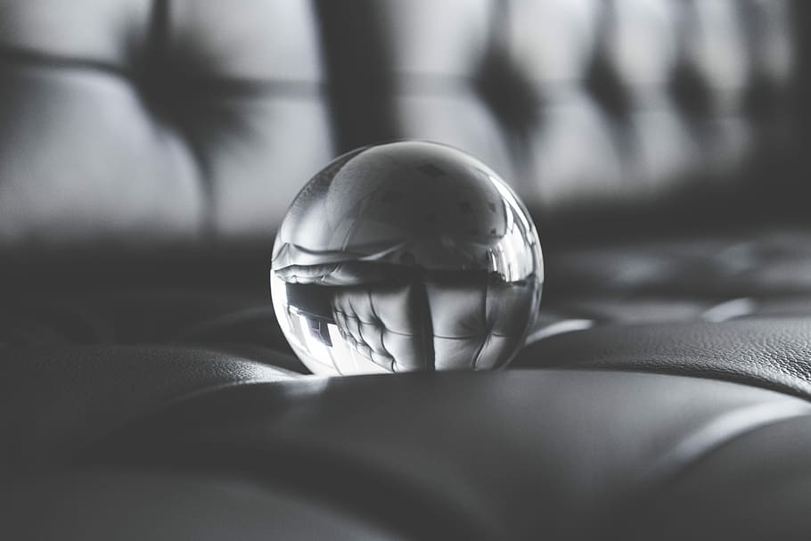 grande, bola de cristal de vidro, preto, sofá de couro, bola de cristal, couro, sofá, resumo, tudo preto, preto e branco