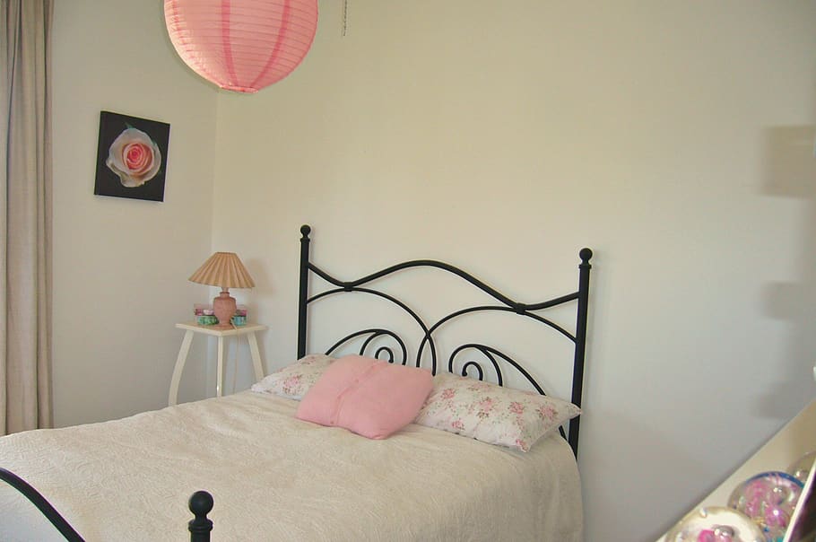 tempat tidur, kamar tidur, terang, merah muda, putih, muda, gadis, romantis, mebel, dalam ruangan