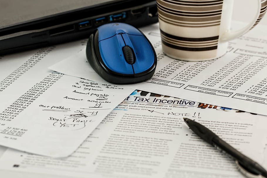 azul, preto, sem fio, mouse de computador, caneta esferográfica, tabela, impostos, formulários, renda, negócios