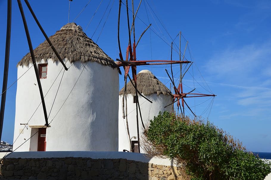 mykonos, greece, windmills, greek island, white, tourism, vacations, by the sea, windmill, blue