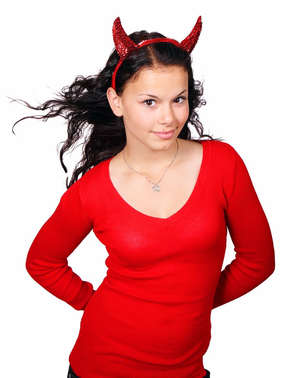 woman, red, scoop-neck sweatshirt, devil alice band, costume, demon, devil, face, female, girl