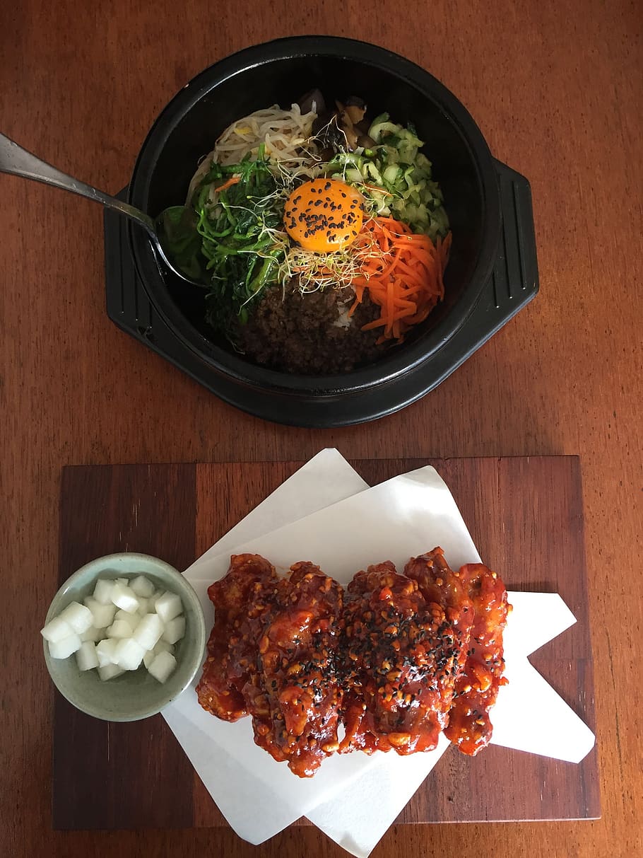 food, meal, dinner, lunch, korean meal, bibimbap, korean fried chicken, korean cuisine, food and drink, freshness