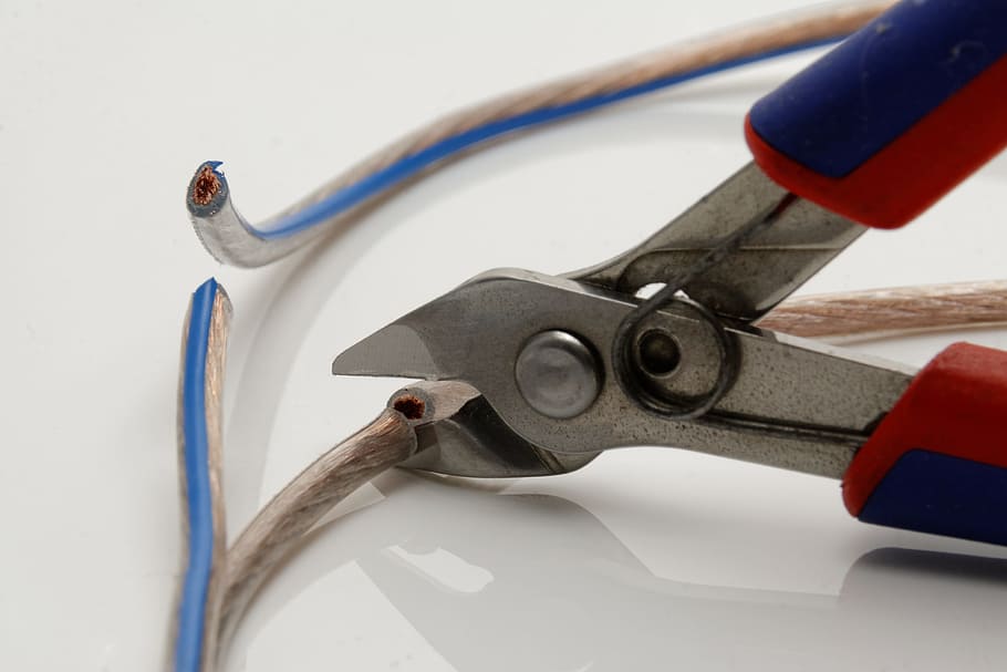blue, red, pliers, tool, elektroniker, side cutter crafts, cable, line, strand, speaker cable