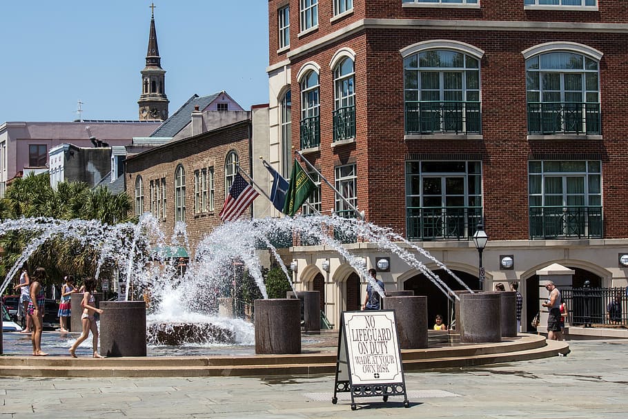 people, standing, fountain, building, daytime, city square, charleston, south carolina, water, children