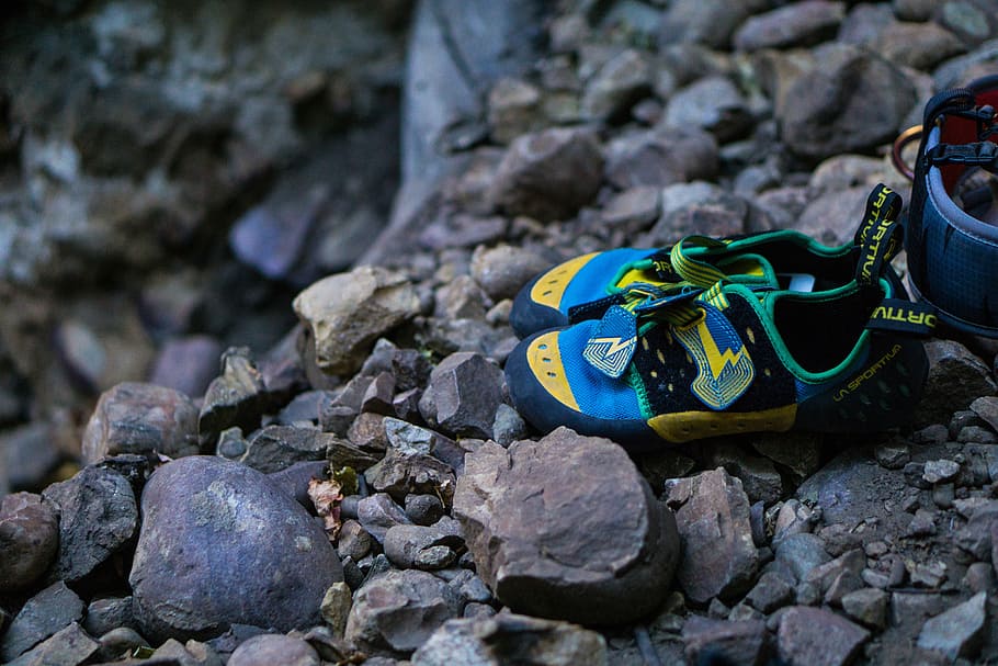pair, green-yellow-and-blue, hiking, sandals, rocks, tilt, shift, lens, photography, black