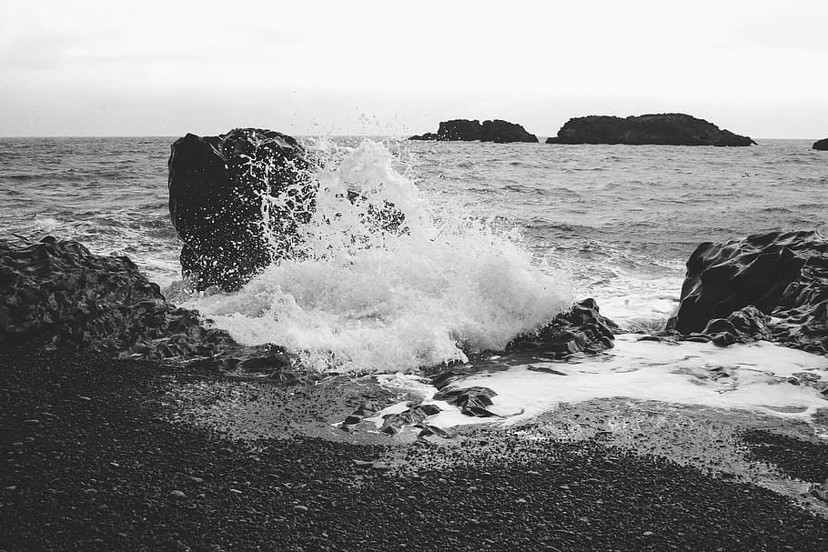 rock formation, ocean photography, grayscale, shore, waves, beach, ocean, sand, rocks, coast