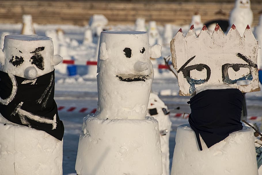 snowmen, three, winter, snow, glasses, ice, predator, art and craft, representation, human representation