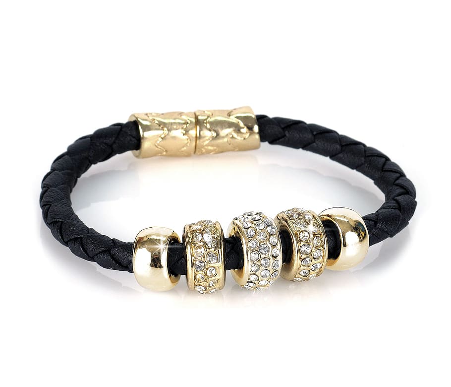 black, gold leather bangle, bracelet, gold bracelet, silver jewelry bracelet, packshot, jewelry, personal Accessory, fashion, luxury