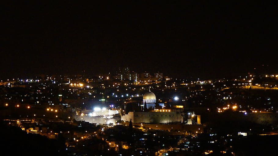 white concrete buildings, jerusalem, israel, cathedral, night, skyline, cityscape, tower, landmark, scenic