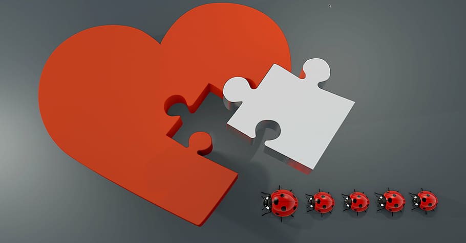 red, ladybugs, heart wallpaper, lucky ladybug, heart, puzzle, joining together, puzzle piece, heart shape, emotion