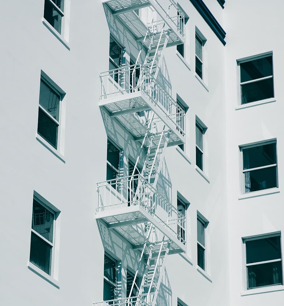 architecture, building, infrastructure, window, stairs, fire exit, building exterior, built structure, low angle view, day