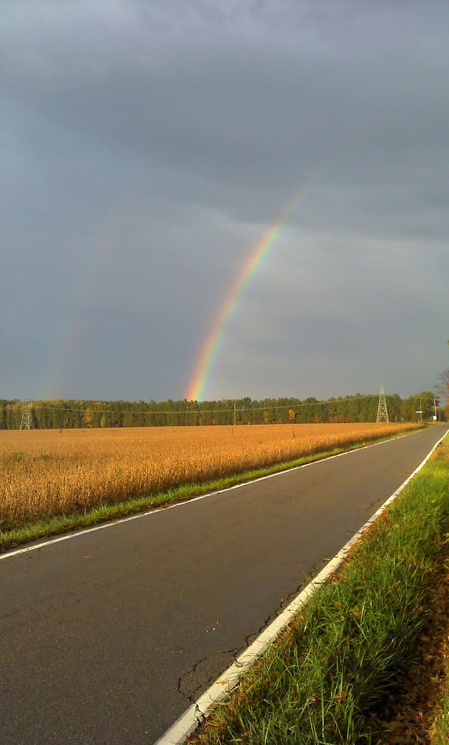 rainbow, intersect, perspective, rural, sky, path, cloud, light, horizon, road