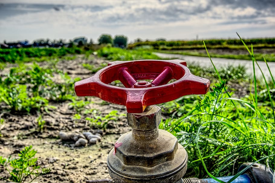 valve, faucet, irrigation, hahn, water, agriculture, hdr, high dynamic range, contrast, red