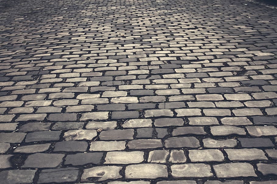 brown, gray, brick flooring, cobblestones, road, paving stones, pattern, away, patch, stones