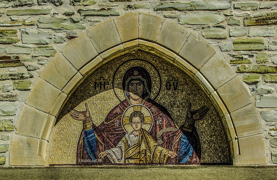 Lintel, Virgin Mary, Mary And Jesus, Panagia, virgin mary and jesus, mosaic, monastery, byzantine, medieval, architecture