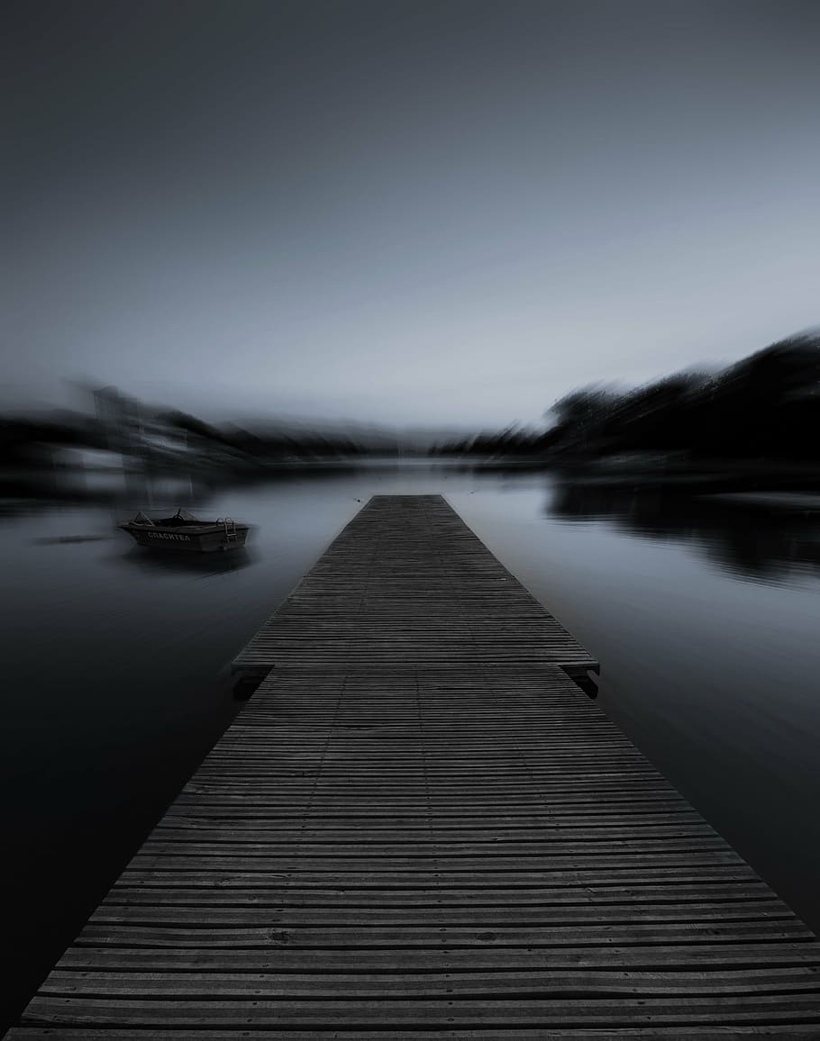 brown, dock, body, water, night time, long, exposure, photography, wooden, sea