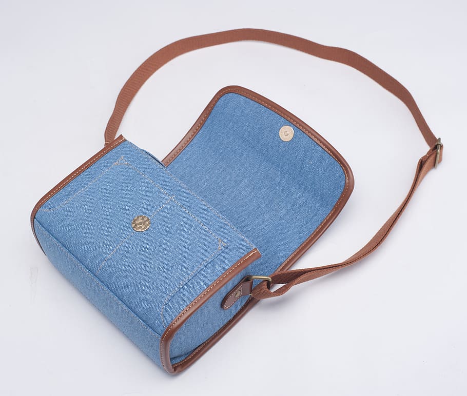 brown, blue, shoulder bag, camera bag, scene, package, fashion, white background, studio shot, indoors