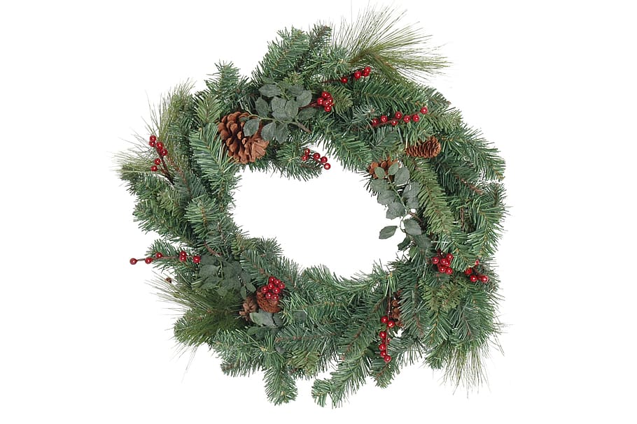green, red, brown, Christmas wreath, christmas, wreath, door wreath, holiday, december, winter