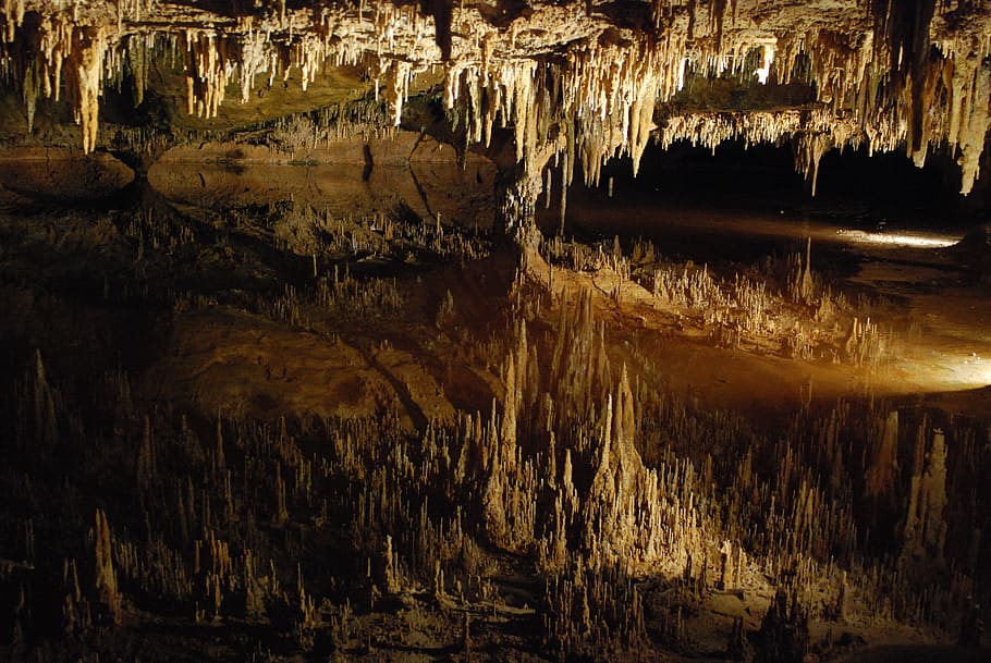 caves, cavern, underground, deep, natural, rock, dark, underworld, stalagmite, reflection