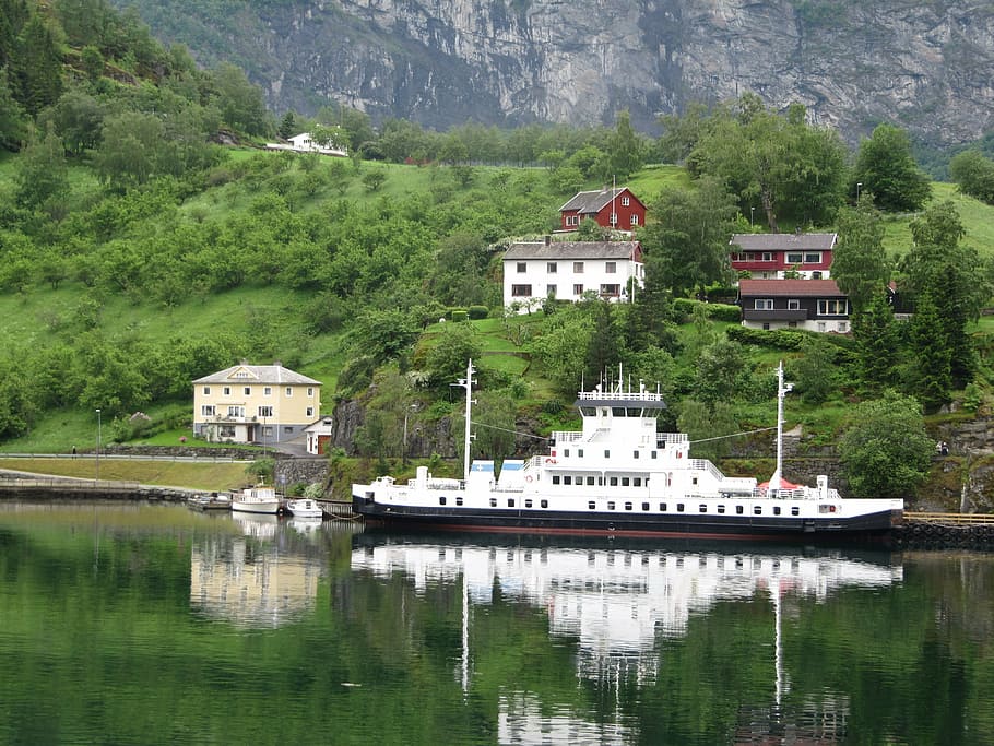 ship, norway, docked, shoreline, coast, fjord, reflection, scenic, rural, landscape