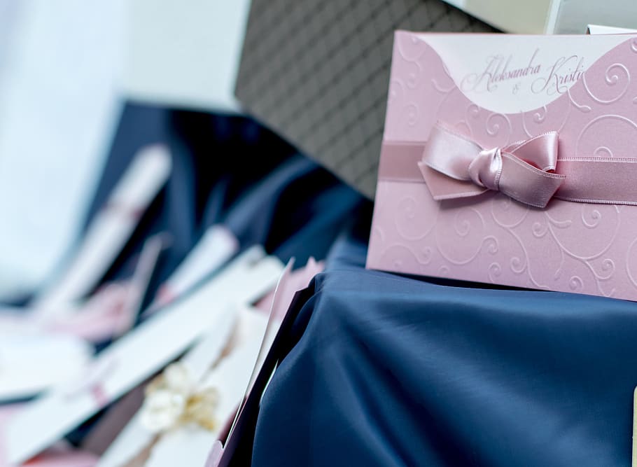 invitation, card, wedding, design, ribbon, table, cloth, close-up, indoors, paper
