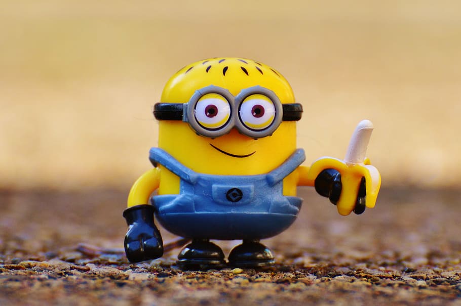 selective, focus photography, minion, holding, banana toy, funny, toys, children, figure, yellow