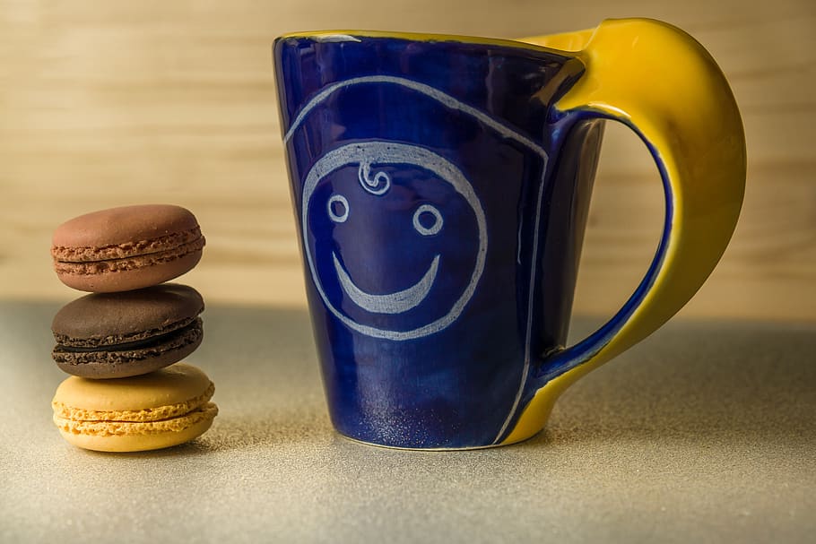 macarons, coffee, cup, blue, tinkered, breakfast, delicious, cookies, pastries, sweet