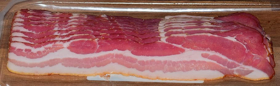 cru, carne, topo, limpar, recipiente de plástico, presunto, porco, café da manhã, barriga de atum, bacon