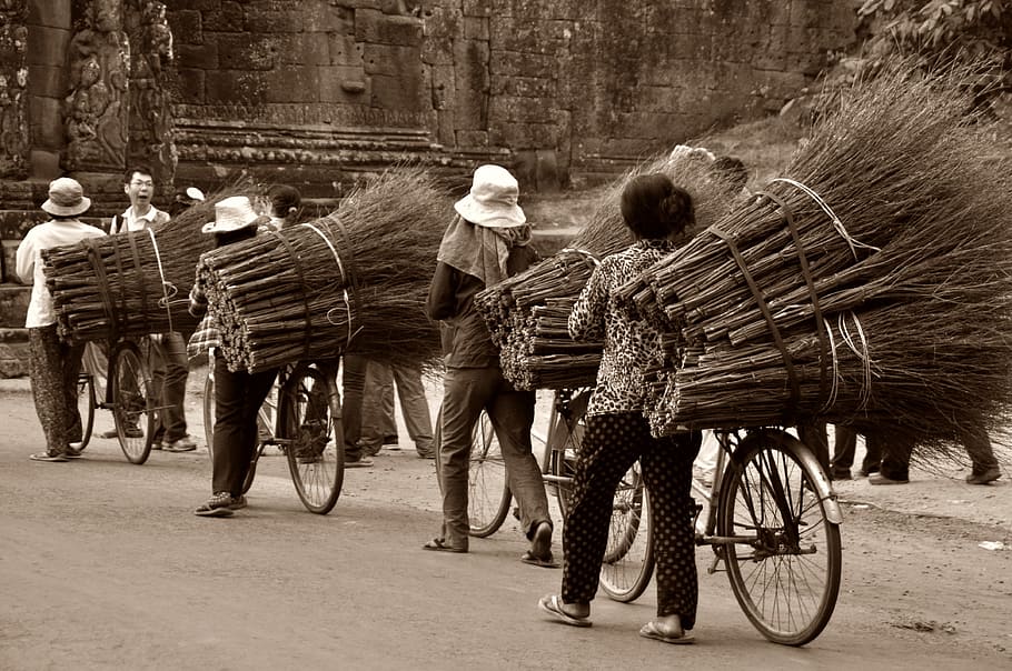four, people, using, bike, carrying, stick, brooms, sepia, photography, cambodia