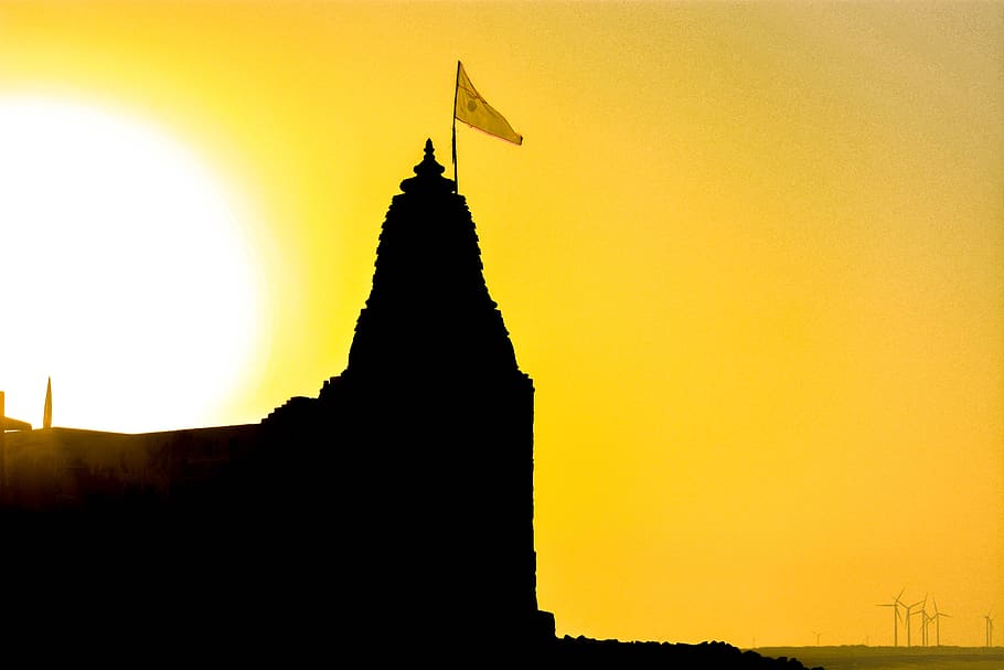 india, temple, temple flag, flag, sun, beach, silhouette, photography, morning, shadows