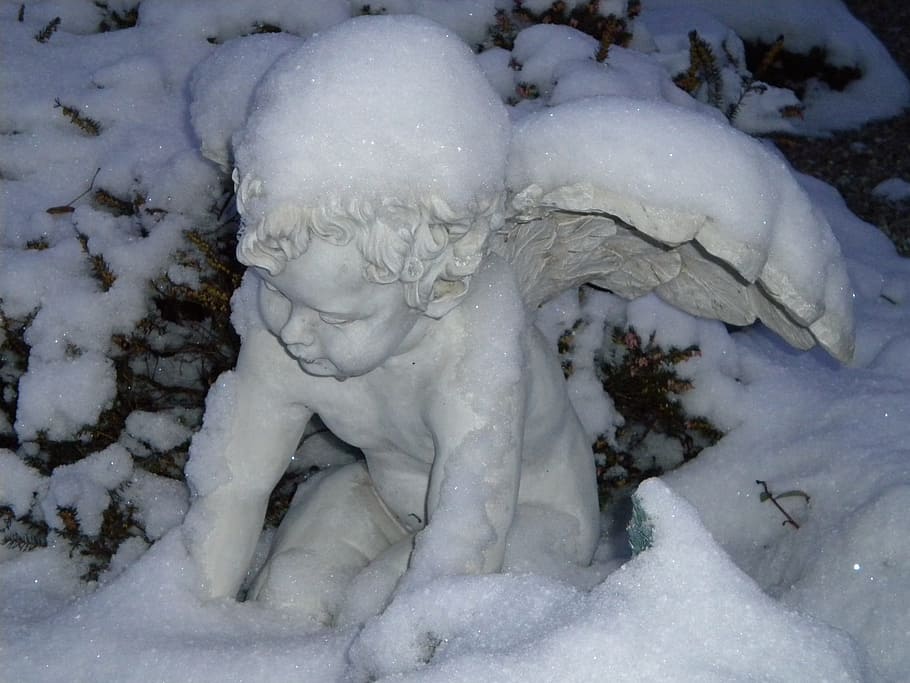Winter, Angel, Snow, Snowy, Figure, winter, angel, kneeling, angel figure, catholic, snowed in