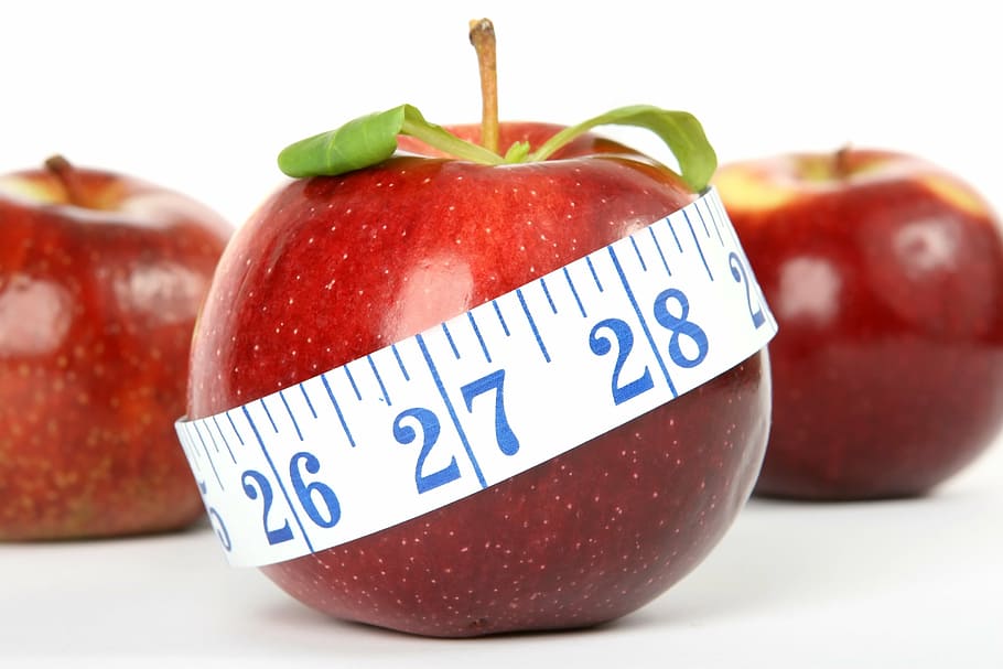 3, 赤, リンゴ, 1つ, 覆われた, 白, 測定, テープ, 食欲, カロリー
