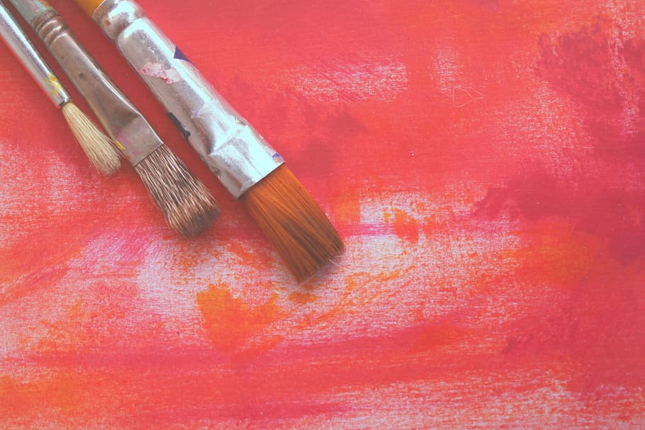 three, assorted-size paintbrushes, red, surface, painting, paint, paintbrush, art, design, canvas