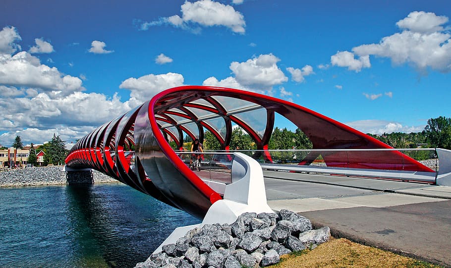 Peace Bridge, Calgary, Alberta, body of water, metal, tunnel, daytime, cloud - sky, sky, water