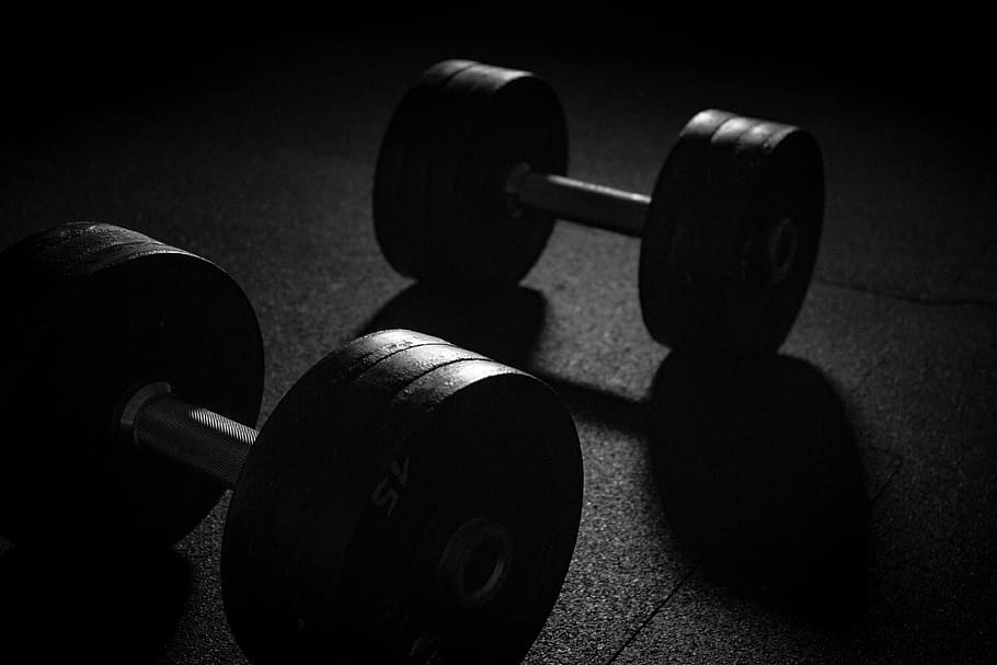 two black dumbbels, dumbbell, sport, weights, strength training, weight lifting, muscles, muscle training, train, power sports