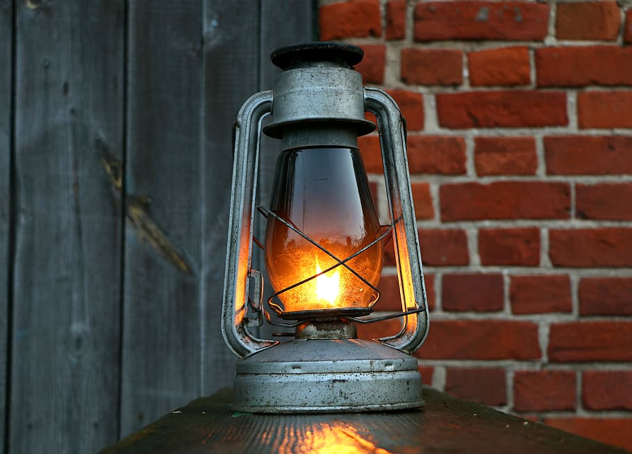 gray tubular lantern, lamp, kerosene, lantern, antiques, board, vintage, oil, light, brick