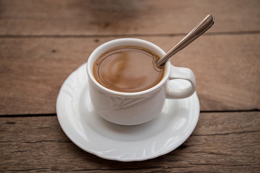 white, mug, brown, liquid, coffee, cup, saucer, teaspoon, filter coffee, milk