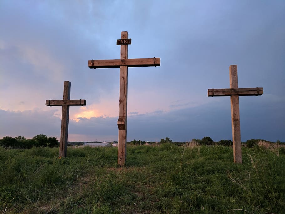 three, brown, wooden, cross, grass hill, easter, crosses, easter sunday, he is risen, mound