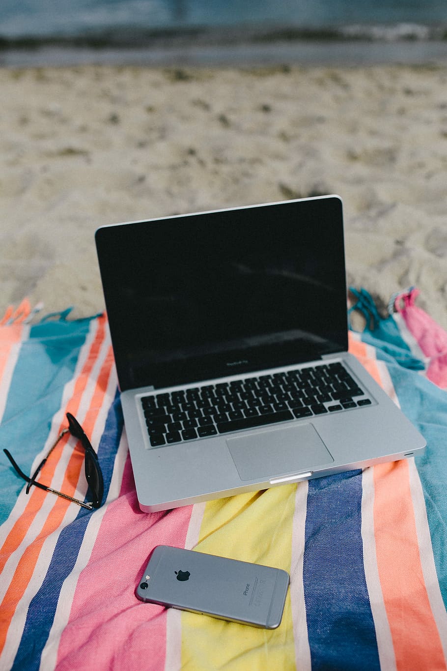 вместе, пляж, песок, лето, компьютер, Macbook, портативный компьютер, одеяло, каникулы, море